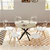GrandCA HOME Tavolo da Pranzo con 6 Sedie, Tavolo da Pranzo Rotondo da 100 CM, Sedia da Cucina Imbottita Trasparente, Set Tavolo da Pranzo e Sedie (Travertino Giallo + Bianco)