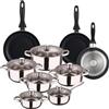 WELL HOME MOBILIARIO & DECORACIÓN Well Home Set di utensili da cucina da 12 pezzi in acciaio inox + 3 padelle Ø16Ø20Ø24 cm nero in alluminio pressato