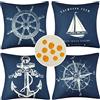 HomeStilez Fodere per Cuscini per Divano 45x45 cm Nautico Ancora Timone Bussola Barca a Vela Copricuscini Decorative Impermeabili da Esterno in Lino Fodere Quadrate per Cuscino per Soggiorno Camera Set di 4