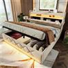 VICONELISE Letto Matrimoniale con Contenitore 160x200 cm con LED e USB Tipo C, Letto Imbottito con Vano Portaoggetti e Testiera, Letto Una Piazza e Mezza con Spazio e Rete a Doghe(Beige)