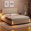 Generico Letto Matrimoniale con Contenitore in Velluto Beige, Base con Gas Lift e Luci Sensore Movimento Integrate - Design Lussuoso e Funzionale per Camera da Letto (160 x 200 cm)