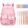 Moerstar Zaino Scuola Bambina, Zaini Scuola Elementare Media con Segnalibri Adesivi e Penne, Borsa Viaggio Casual Impermeabile Grande Capacità (Rosa)