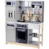 Theo Klein Cucina familiare Miele, in Legno con Fornello, Funzione Luci e Suoni, Forno a Microonde, Frigorifero con distributore di Cubetti di Ghiaccio, Accessori da Cucina, Giocattoli per Bambini 3+