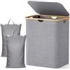 Lifewit 140L Cesto Portabiancheria con 2 Scomparti e 2 Sacchi, Grande Cesta Portabiancheria Pieghevole in Bambùcon Coperchio per Camera da Letto, Bagno, Lavanderia, Grigio Chiaro