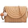 Obosoyo Borsa in paglia da donna, una pochette con tracolla e pompon tessuta a mano, per l'estate e la spiaggia, A-kaki.