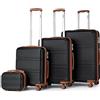 KONO Set di Valigie 4 Pezzi Rigide Valigia in ABS Bagaglio a Mano｜Valigia Media｜Valigia Grande con 4 Ruote e Lucchetto TSA + Borsa da Toilette, Nero/Marrone
