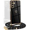 YAMCCCSE Cover per Samsung Galaxy A25 5G con Collana Amore Cuore Custodia per Silicone Sottile Laccio Tracolla Case con Protezione Fotocamera Dorata Placcatura Cornice Paraurti, Nero