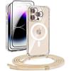 DiDaDi Custodia magnetica Cover per iPhone 16 Pro con cordino [compatibile con MagSafe] 2 pellicole protettive, 1 protezione per fotocamera in vetro, Collana con cordino regolabile (oro)