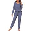 Wikoan Pigiama da Donna in Cotone a Righe, Comfort e Calore 2 Pezzi con Scollo a V e Manica Lunga con Tasca e Coulisse,Blu Marino,M
