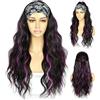 Sapphirewigs Fascia per Capelli Ondulata con Evidenziature Nero Viola Parrucca Sintetica Lunga Ondulata per Donne Senza Colla Aspetto Naturale 150% Densità 66 cm
