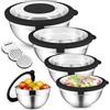 HaWare Insalatiera in acciaio inox con coperchi ermetici trasparenti e 3 punte per grattugie, 4,5 l/2,8 l/1,5 l/1,2 l/0,7 l, lavabili in lavastoviglie, colore: nero