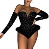 Generic Body sexy da donna con chiusura lampo, senza spalline, paillettes, velluto a maniche lunghe, sexy, body da donna, Nero , XL