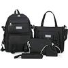 Ergocar Moda Impermeabile 5 in 1 Zaino Scuola Elementare Bambina con Borsa Tote, Astuccio, Portamonete, Borsa da Scuola Set, Zainetto Studenti Adolescente, Zaino PC Portatile 14-In, Nero