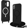 Bigcousin Magnetica Cover con Cordino per iPhone 16,[Compatibile con MagSafe], Cover in Silicone, Regolabile Cordino da Collo Nylon Catena Collana Tracolla,Nero
