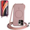 FMPCUON FNPCUON Cover Magnetica Silicone per iPhone 15 Pro con Cordino,Compatibile con MagSafe,Custodia con Laccio Collana Tracolla Collo Sottile TPU Antiurto Protettiva Case con Corda.Rosa