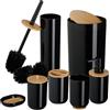 Relaxdays Set Bagno 7 Accessori, Cestino, Scopino WC, Portasapone, Saponetta, Portaspazzolino, Plastica e bambù, Nero
