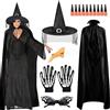 Beipegin 6PCS Accessori per Costume Strega Donna Halloween - Mantello, Cappello, Guanti Scheletro, Occhiali, Dita e Naso - Per Cosplay