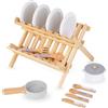 Mamabrum Set di Accessori da Cucina in Legno per Bambini - Asciugatrice Pieghevole, Pentole, Coperchi, Piatti, Spatola, Cucchiai e Coltelli per Giocattoli da Cucina