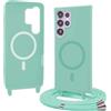 Bigcousin Magnetica Cover con Cordino per Samsung Galaxy S24 Ultra,[Compatibile con MagSafe], Cover in Silicone, Regolabile Cordino da Collo Nylon Catena Collana Tracolla,Verde menta