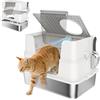 PawHut Lettiera per Gatti in Acciaio Inox XL con Coperchio Ribaltabile Laterale Alto Pala Facile da Pulire Antifughe Grigio Chiaro | Aosom Italy