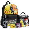 Pokémon Zainetto Bambino Set 4 Pz Zaino Borraccia Astuccio Borsa Porta Pranzo o Portafoglio Anime Accessori Scuola Regalo Bambini (Nero/Giallo 4 Pz Set)