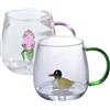 Hintyne Tazza Carina Con Animale 3D All'interno Tazza Carina 2pcs Tazza Da Caffè in Vetro Da 400Ml Con Manico Bicchieri per Animali 3D Tazza Da Tè in Vetro Cartone Animato per La Casa Tè Succo Di Frutta Latte