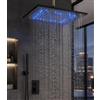 JUNSHENG Soffione Doccia a Pioggia, Soffione Doccia in Acciaio Inox 304, Doccia Fissa Quadrata Nera con LED (30 x 30 CM)