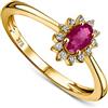MIORE anello di fidanzamento a grappolo con diamanti e rubino in oro giallo 9 carati 375 12 diamanti naturali di 0,07 carati e un rubino rosso naturale ovale di 0,31 carati