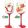 NymphFable Calici da Vino Dipinto a Mano Babbo Natale Alce Bicchiere Vino 15oz Regalo di Natale per Famiglia Amica