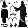 Mecctuck Costume per Halloween, costume per bambini, 120 cm, con doppio sensore, costume di Halloween con occhi rossi luminosi, mantello nero scream, falce della morte, per Halloween, cosplay, bambini dai 6 ai