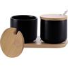 ZOFUN Set di 2 zuccheriera in ceramica con cucchiaio e coperchio in bambù, 260 ml, in ceramica, colore nero, zuccheriera in ceramica con vassoio in legno per farina, caffè, cereali o utensili da bagno