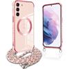 Pnakqil per Magnetica Cover per Samsung Galaxy S21 Plus 5G con Cordino, Compatibile con MagSafe, Ultra Sottile Cuore Silicone Custodia con Laccio Tracolla, Elettrolitico TPU Case con Collana, Rosa