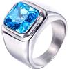 HIJONES Anello da Uomo in Pietra in Acciaio Inossidabile con Zirconi Quadrati Grandi Vintage Argento Blu Cielo Misura 27