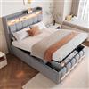 VICONELISE Letto Matrimoniale con Contenitore 140x200 cm con LED e USB, Struttura Letto Imbottito con Vano Portaoggetti e Testiera, Letto Una Piazza e Mezza con Spazio e Rete a Doghe(Grigio cchiaro)