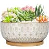 Fivepot Vaso per piante grasse in ceramica da 20,5 cm, con foro di drenaggio, per piante da interno, rotondo, poco profondo, bonsai, con vassoio in bambù, bianco