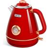 Hazel Quinn Bollitore Elettrico, Bollitore Elettrico Vintage Con Termometro, Acciaio Inossidabile E Privo Di BPA, Base Cordless A 360 Gradi, Spegnimento Automatico, 1.7 Litri, 2200 Watt - Rudy Rosso