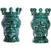 BEVILACQUA SET DI 2 TESTE DI MORO, CERAMICA ARTIGIANALE SICILIANA VERDE RAMINA, 15 cm - h 15 x 9 x 9 cm