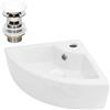 ML DESIGN modern living ML-Design Lavabo ad Angolo d'Appoggio in Ceramica Bianco 46 x 33 x 13 cm Lavandino Angolare a Parete Troppopieno Foro per Rubinetto Lavello Bagno WC Ospiti Design Moderno incl. Piletta Push-Open