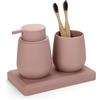 AJEUNGAIN Set Bagno Rosa - Dispenser Sapone, Portaspazzolino, Vassoio da Vanity, Moderno Accessori Bagno con Rivestimento in Gomma, Organizzatore da Banco Decorativo (Rosa)