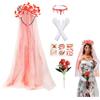 Beipegin 5PCS Accessori Sposa Cadavere Costume Donna, Cerchietto Dia de Los Muertos Velo Sposa Cadavere Cicatrici Finte Halloween Collana Sangue Guanti Rosa Finta, Sposa Cadavere Accessori Halloween Donna