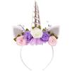 Nishine Cerchietto per capelli in tessuto non tessuto con fiori e orecchie di gatto, tiara con corno glitterato, per cosplay, feste a tema unicorno (argento, avorio)