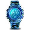 CoFuo Orologio sportivo digitale per ragazzi e ragazze, impermeabile, casual, analogico, al quarzo, con 7 LED colorati, con sveglia, cronometro, cinturino in silicone Azzurro Camouflage