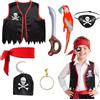 SEFIRST 7 Pezzi Costume Pirata Bambino, Accessori da Pirata, Costume da Capitano per ragazzi, Pirati Benda sull'Occhio Chaleco Orecchini, Halloween Carnevale Feste Pirata Cosplay per Bambini