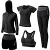 ZETIY Tute da Ginnastica Donna Set, 5 Pezzi Abbigliamento Sportivo Donna per Pilates Yoga Jogging Gym Workout Ginnastica Include Manica Lunga e Corta, Pantaloni, Reggiseno - Nero - S