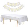 jiuzcare Tovaglie per Feste 137 * 274cm Tovaglia Rettangolare Tovaglia a Pois D'oro E Happy Birthday Banner per Copritavolo Con Coriandoli a Pois Dorata per Battesimo, Fidanzamento, Picnic, Bianco