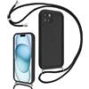 Coalbooliy Cover per iPhone 15 Plus 6,7 con Cordino per Cellulare, Custodia Silicone con Regolabile Collana Sottile Morbida Case Protezione della fotocamera Antiurto con Necklace, Nero