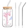 SOETDERT Bow Bicchiere in Vetro, 500ml Bicchiere Vetro con Coperchio e Cannuccia, Elegante Regalo per la Migliore Amica, Bicchier per Caffè Freddo, Soda, Frullato, Tè, Smoothie Matcha