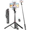qirita Alluminio Bastone Selfie, 130cm Selfie Stick Treppiede per Telefono con Telecomando Staccabile, Ruotabile a 360° Treppiedi per Cellulari Compatibile con iPhone16 15 14 13, Samsung, Camera, Ring Light