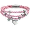 Bling Jewelry Bracciale da donna in pelle intrecciata a triplo filo rosa con ciondoli a forma di cuore pendenti - Regalo in acciaio inossidabile per fidanzata