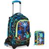 PRESTIGE & DELUXE Trolley Scuola Jack 3 Ruote staccabile Led Look Drago, 3 in 1 per Scuola Elementare Bambino + Astuccio 3 zip con cancelleria + 7 penne cancellabili e portachiave fischietto
